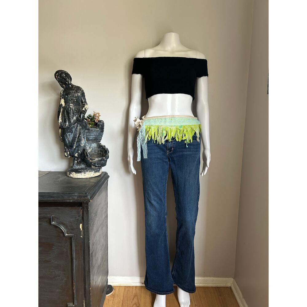 Fringe belt sash handmade cream and green festival fringe belt